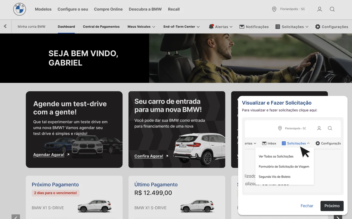 Dashboard com menu de solicitações aberto