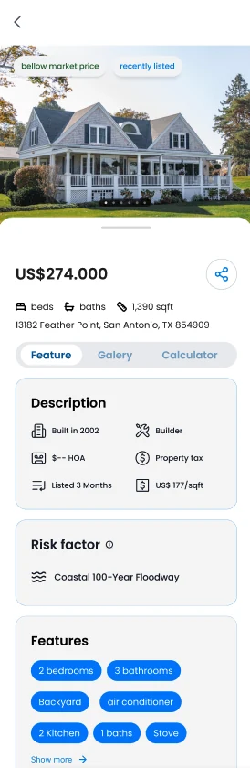 Ficha do imóvel com preço, dados fiscais, risco e features