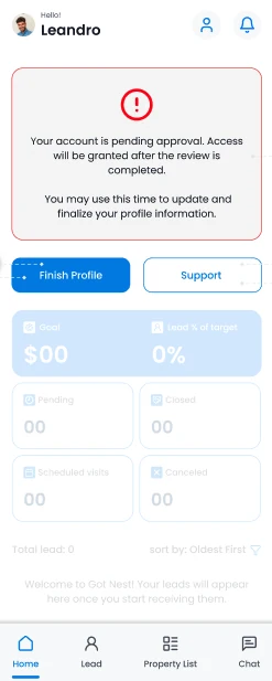 Dashboard do Got Nest desativado, com aviso de conta pendente e os próximos passos