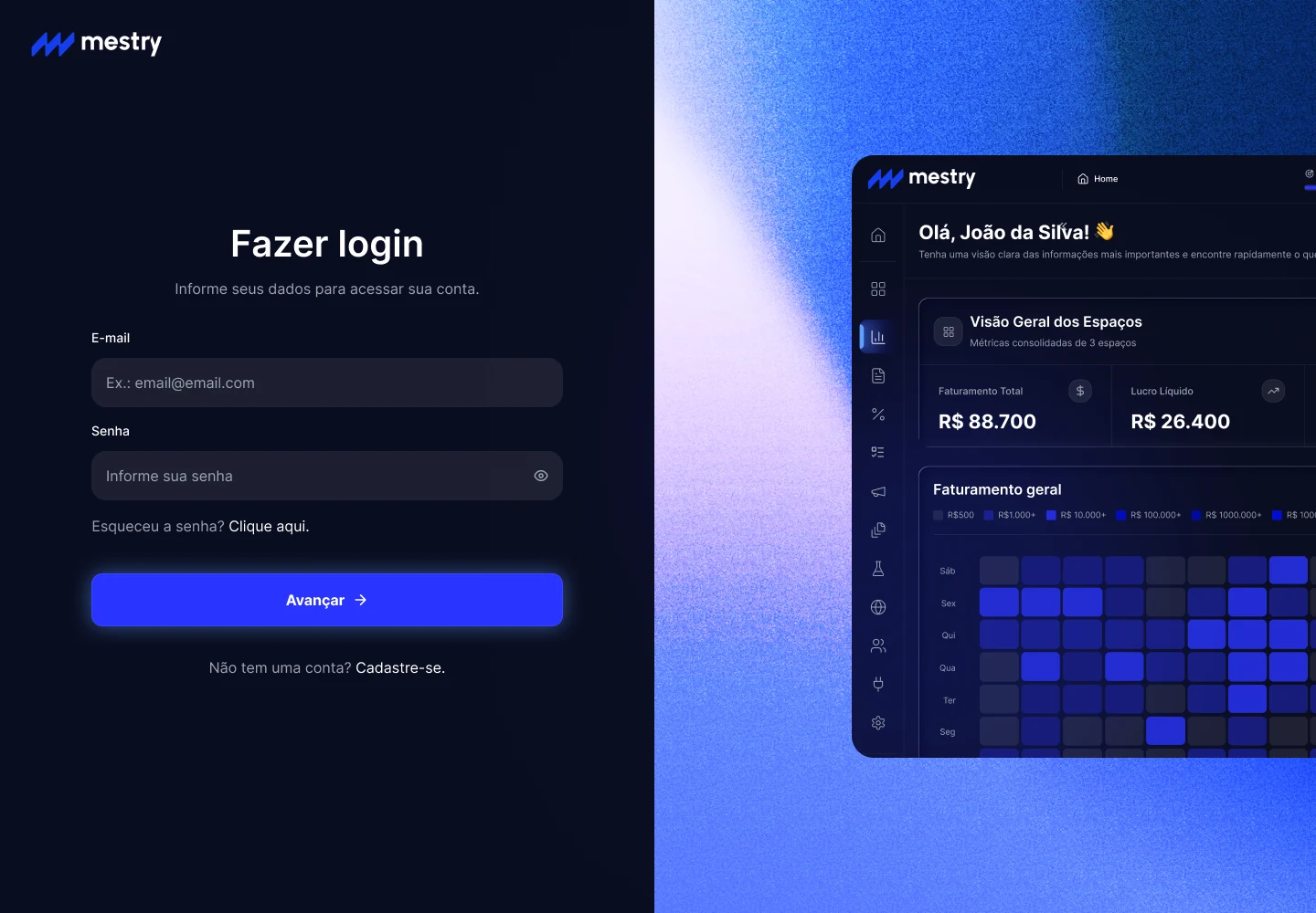 Tela de login da Mestry com um único caminho e a prova visual do produto ao lado