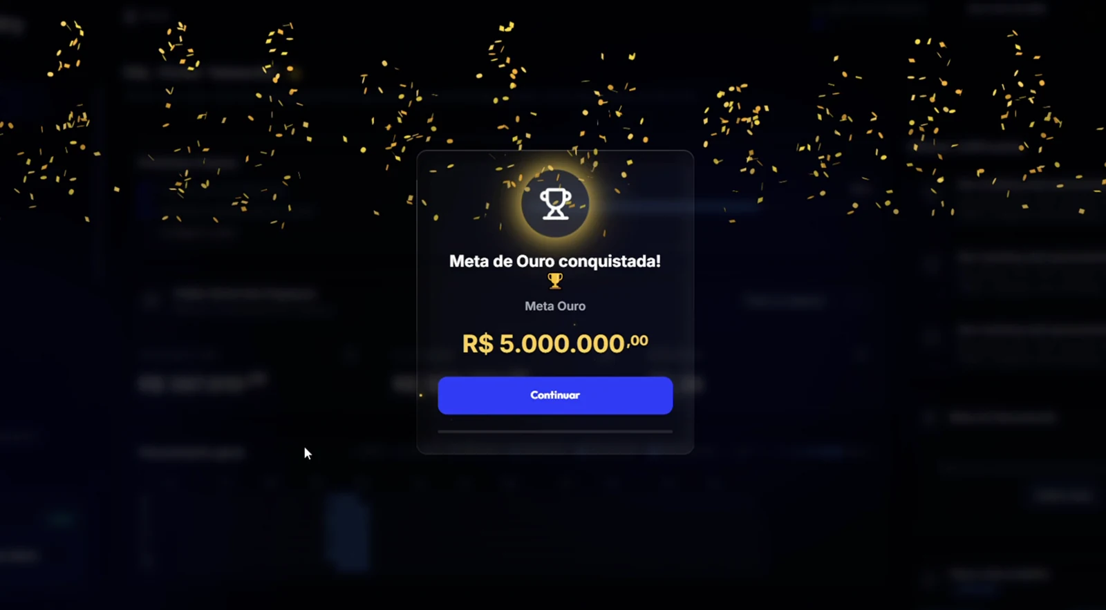 Marco de Meta de Ouro conquistada na Mestry, com confetes e o valor atingido